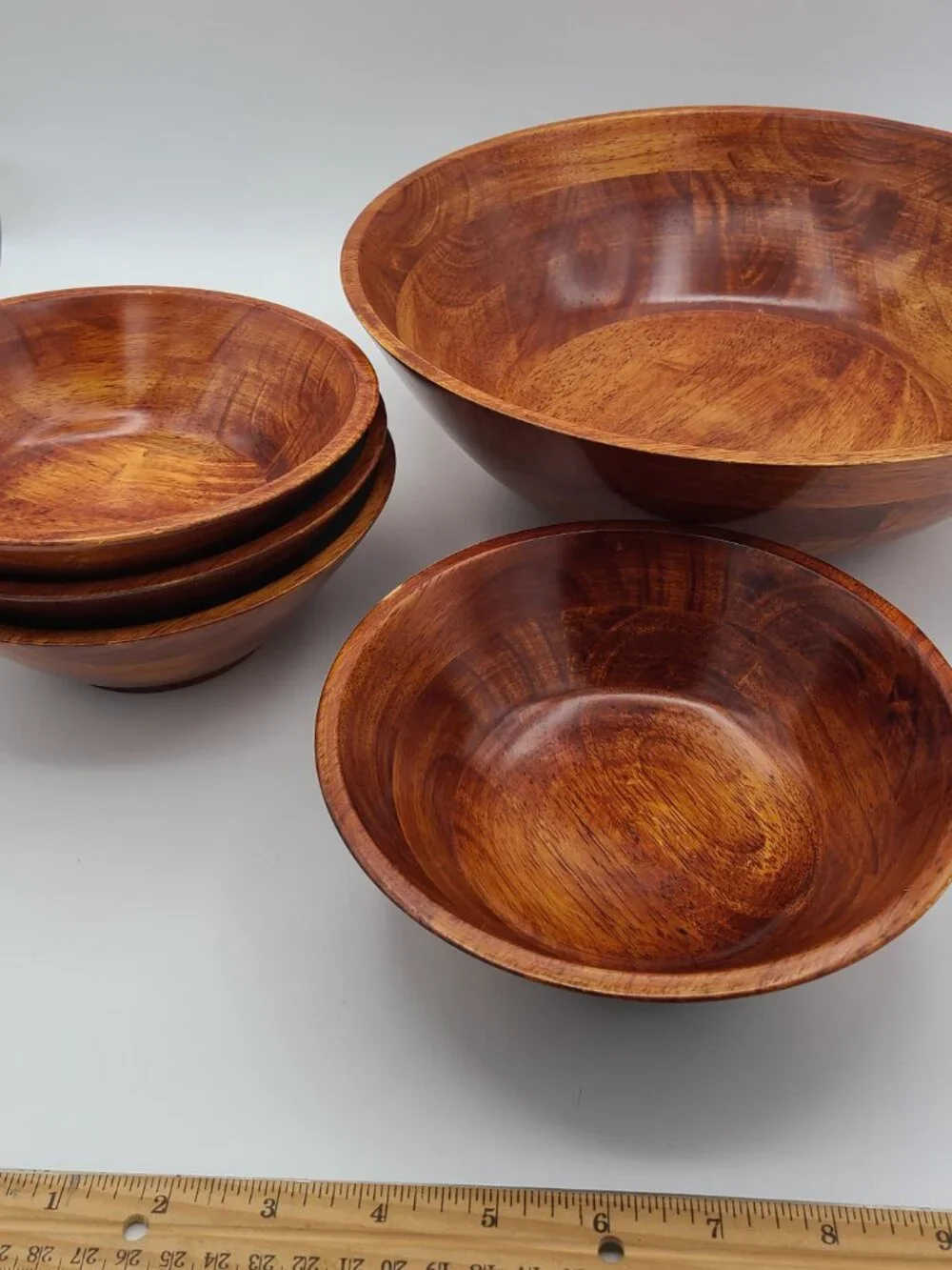 Vintage Hardwood Salad Bowls Set of 5, One 12” And Four 7” Vietnam